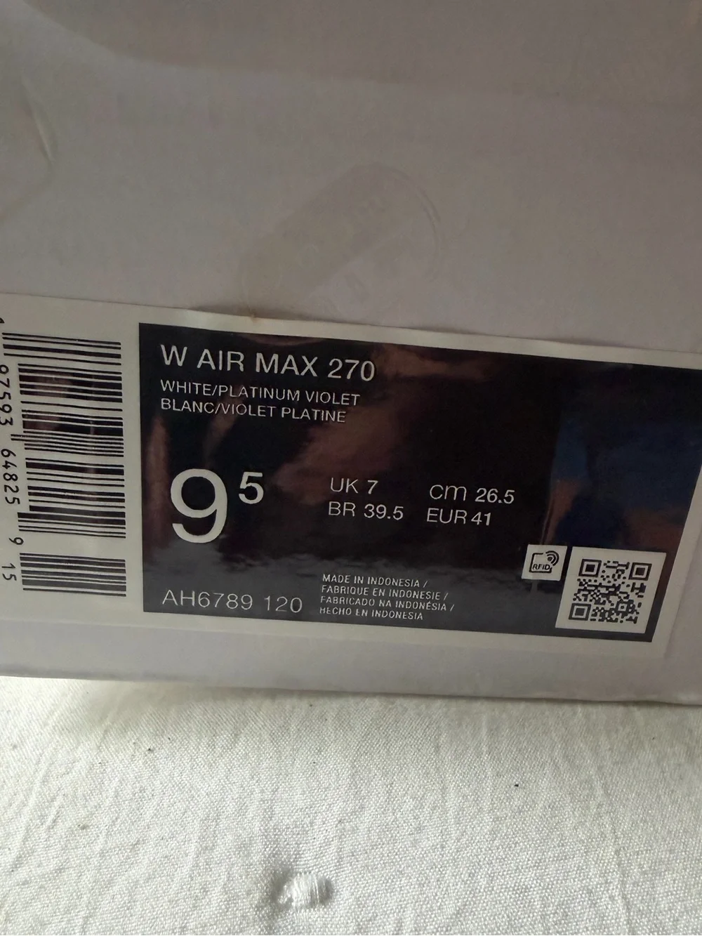 Nike Air Max 270 Women’s 9.5 White/Smokey Mauve/ Black/Platinum Violet
